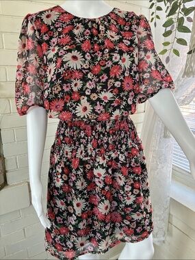 Dorothy Perkins Black Floral Mini Dress with Pink & White Daisies